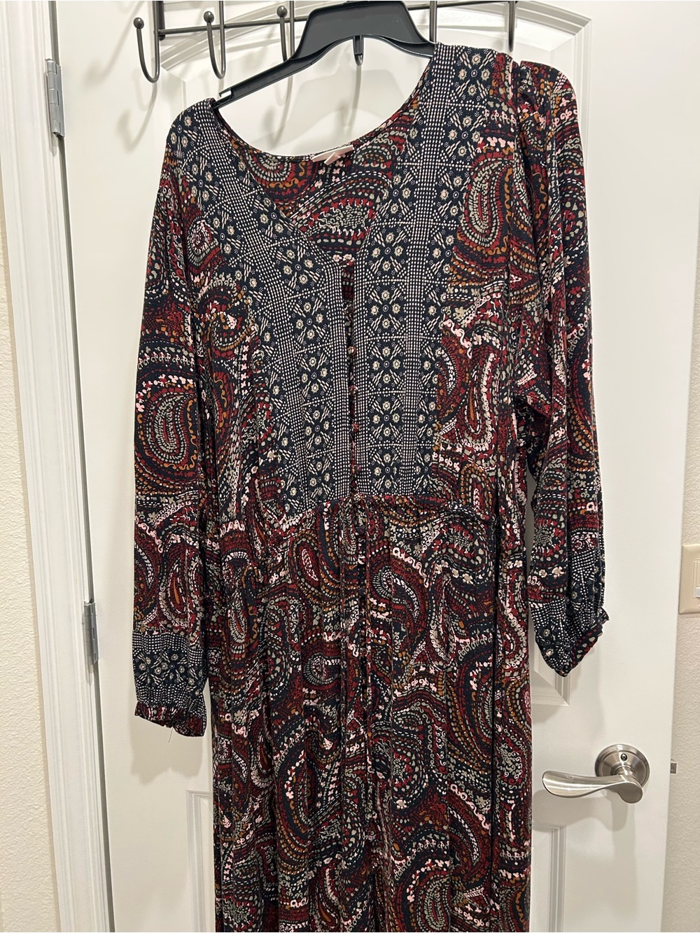 Knox Rose Paisley Long Sleeve Maxi Dress - Burgundy, Black, Cream